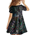 Aotearoa Moko Tribal Tattoo Family Matching Off Shoulder Short Dress and Hawaiian Shirt New Zealand Maori Penguin and Fantail Paua Shell Style