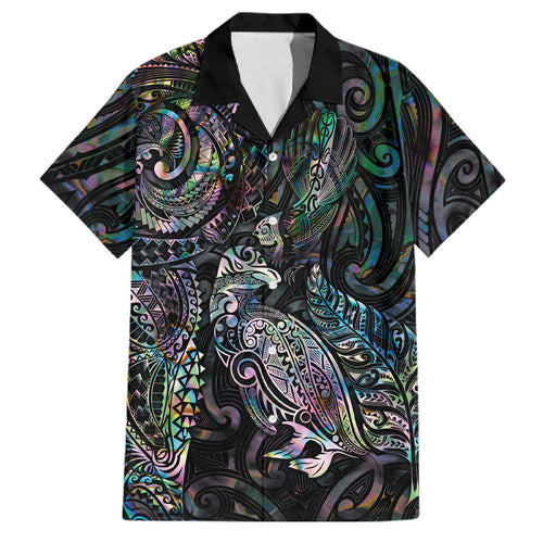 Aotearoa Moko Tribal Tattoo Family Matching Off Shoulder Short Dress and Hawaiian Shirt New Zealand Maori Penguin and Fantail Paua Shell Style