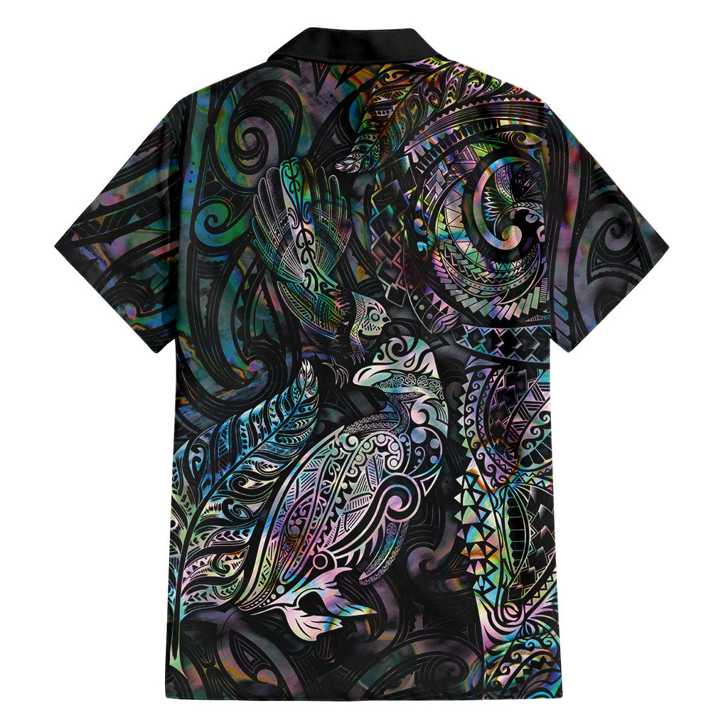 Aotearoa Moko Tribal Tattoo Family Matching Off Shoulder Short Dress and Hawaiian Shirt New Zealand Maori Penguin and Fantail Paua Shell Style