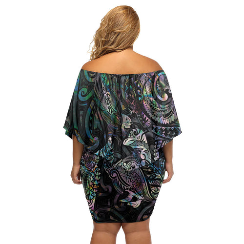 Aotearoa Moko Tribal Tattoo Family Matching Off Shoulder Short Dress and Hawaiian Shirt New Zealand Maori Penguin and Fantail Paua Shell Style