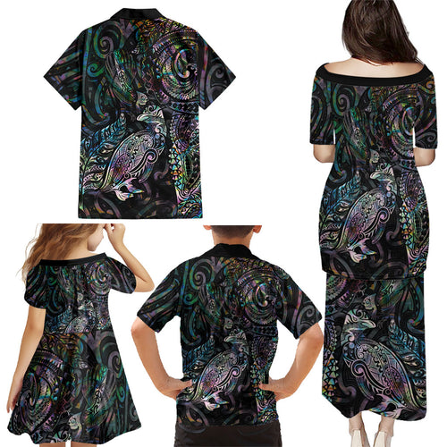 Aotearoa Moko Tribal Tattoo Family Matching Puletasi and Hawaiian Shirt New Zealand Maori Penguin and Fantail Paua Shell Style