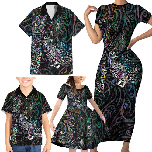 Aotearoa Moko Tribal Tattoo Family Matching Short Sleeve Bodycon Dress and Hawaiian Shirt New Zealand Maori Penguin and Fantail Paua Shell Style