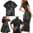 Aotearoa Moko Tribal Tattoo Family Matching Short Sleeve Bodycon Dress and Hawaiian Shirt New Zealand Maori Penguin and Fantail Paua Shell Style