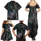 Aotearoa Moko Tribal Tattoo Family Matching Summer Maxi Dress and Hawaiian Shirt New Zealand Maori Penguin and Fantail Paua Shell Style