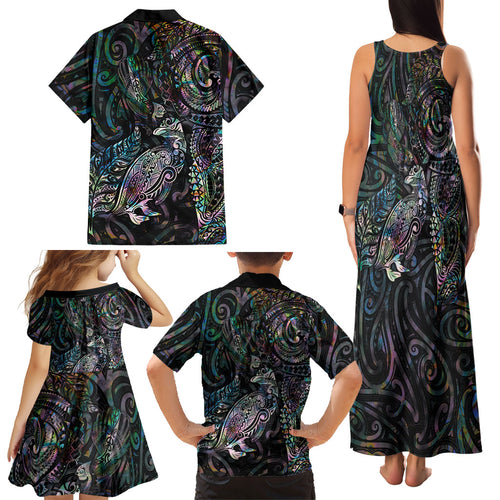 Aotearoa Moko Tribal Tattoo Family Matching Tank Maxi Dress and Hawaiian Shirt New Zealand Maori Penguin and Fantail Paua Shell Style