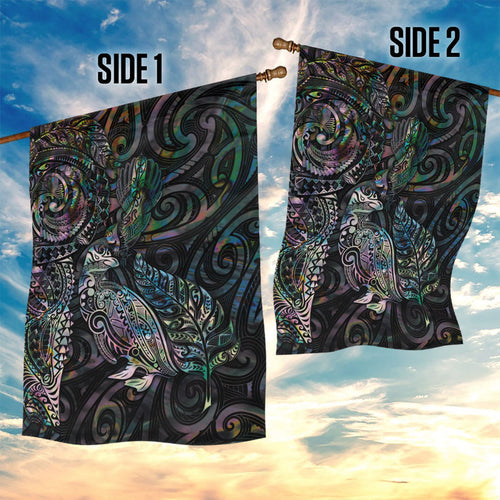 Aotearoa Moko Tribal Tattoo Garden Flag New Zealand Maori Penguin and Fantail Paua Shell Style
