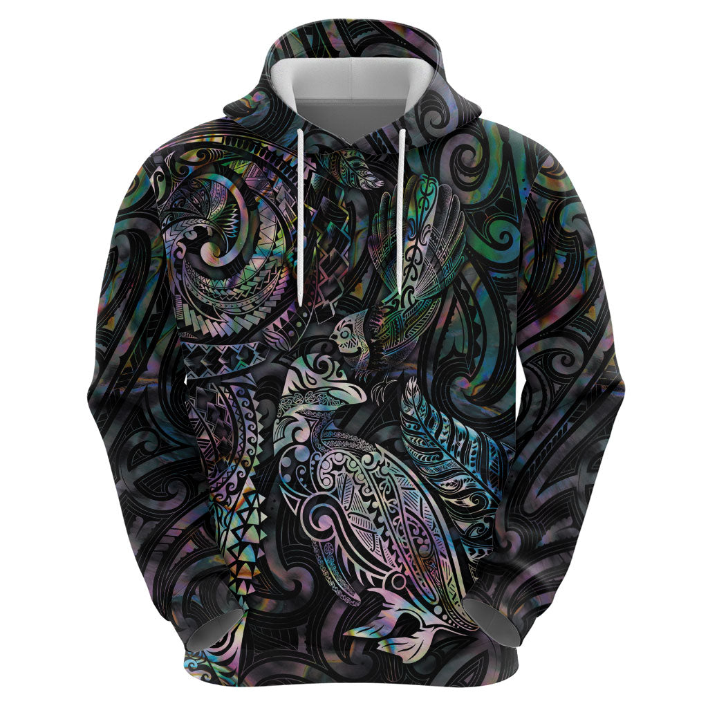 Aotearoa Moko Tribal Tattoo Hoodie New Zealand Maori Penguin and Fantail Paua Shell Style