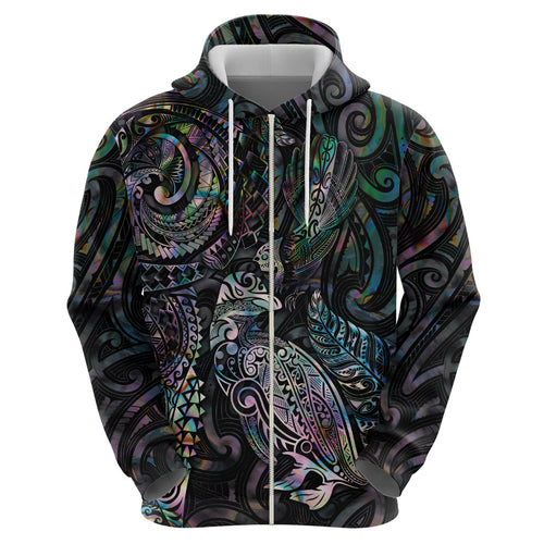 Aotearoa Moko Tribal Tattoo Hoodie New Zealand Maori Penguin and Fantail Paua Shell Style