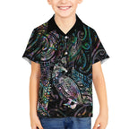 Aotearoa Moko Tribal Tattoo Kid Hawaiian Shirt New Zealand Maori Penguin and Fantail Paua Shell Style