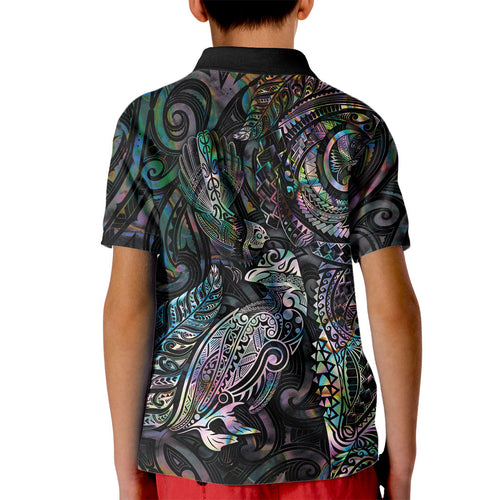 Aotearoa Moko Tribal Tattoo Kid Polo Shirt New Zealand Maori Penguin and Fantail Paua Shell Style