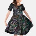 Aotearoa Moko Tribal Tattoo Kid Short Sleeve Dress New Zealand Maori Penguin and Fantail Paua Shell Style