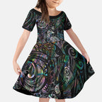 Aotearoa Moko Tribal Tattoo Kid Short Sleeve Dress New Zealand Maori Penguin and Fantail Paua Shell Style