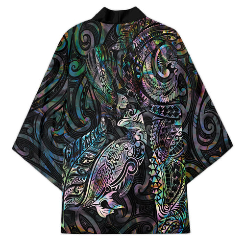 Aotearoa Moko Tribal Tattoo Kimono New Zealand Maori Penguin and Fantail Paua Shell Style
