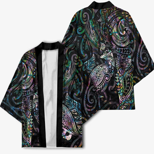 Aotearoa Moko Tribal Tattoo Kimono New Zealand Maori Penguin and Fantail Paua Shell Style