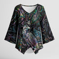 Aotearoa Moko Tribal Tattoo Kimono Sleeve Blouse New Zealand Maori Penguin and Fantail Paua Shell Style