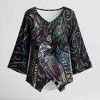 Aotearoa Moko Tribal Tattoo Kimono Sleeve Blouse New Zealand Maori Penguin and Fantail Paua Shell Style