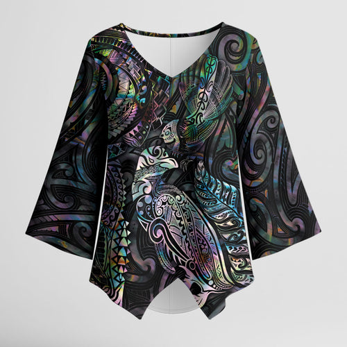 Aotearoa Moko Tribal Tattoo Kimono Sleeve Blouse New Zealand Maori Penguin and Fantail Paua Shell Style