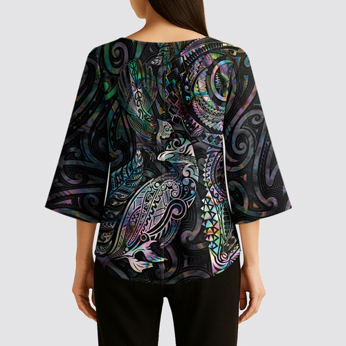 Aotearoa Moko Tribal Tattoo Kimono Sleeve Blouse New Zealand Maori Penguin and Fantail Paua Shell Style