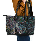 Aotearoa Moko Tribal Tattoo Leather Tote Bag New Zealand Maori Penguin and Fantail Paua Shell Style