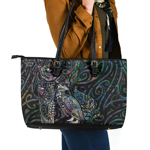 Aotearoa Moko Tribal Tattoo Leather Tote Bag New Zealand Maori Penguin and Fantail Paua Shell Style