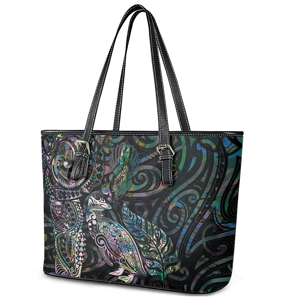Aotearoa Moko Tribal Tattoo Leather Tote Bag New Zealand Maori Penguin and Fantail Paua Shell Style