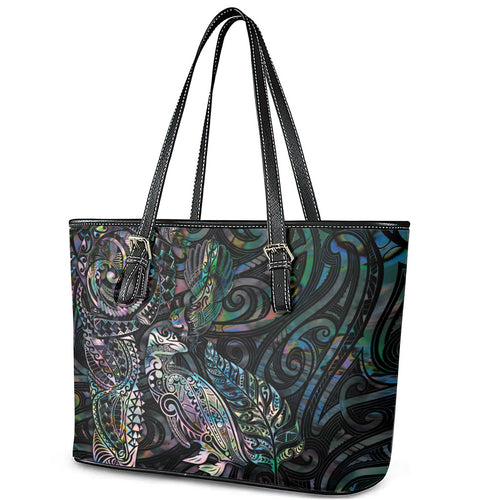 Aotearoa Moko Tribal Tattoo Leather Tote Bag New Zealand Maori Penguin and Fantail Paua Shell Style