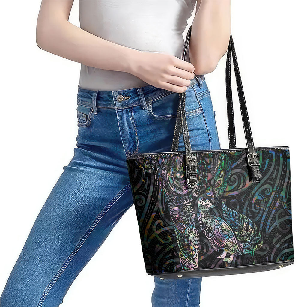 Aotearoa Moko Tribal Tattoo Leather Tote Bag New Zealand Maori Penguin and Fantail Paua Shell Style