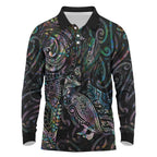 Aotearoa Moko Tribal Tattoo Long Sleeve Polo Shirt New Zealand Maori Penguin and Fantail Paua Shell Style