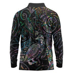 Aotearoa Moko Tribal Tattoo Long Sleeve Polo Shirt New Zealand Maori Penguin and Fantail Paua Shell Style