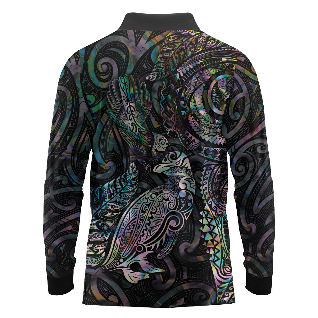 Aotearoa Moko Tribal Tattoo Long Sleeve Polo Shirt New Zealand Maori Penguin and Fantail Paua Shell Style
