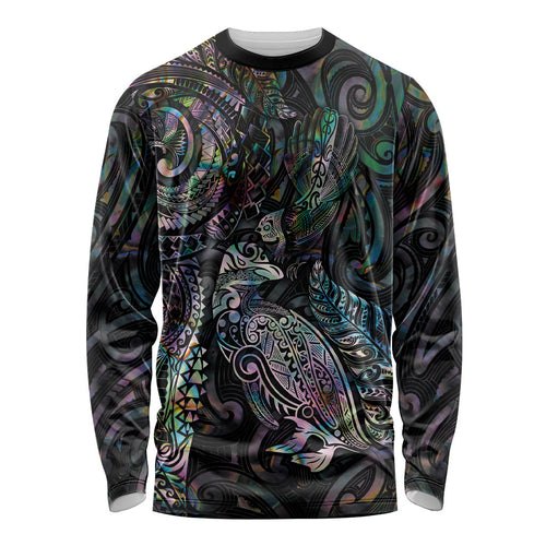 Aotearoa Moko Tribal Tattoo Long Sleeve Shirt New Zealand Maori Penguin and Fantail Paua Shell Style