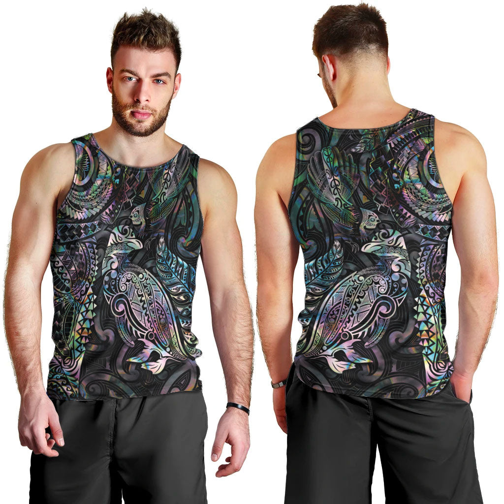 Aotearoa Moko Tribal Tattoo Men Tank Top New Zealand Maori Penguin and Fantail Paua Shell Style