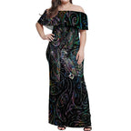 Aotearoa Moko Tribal Tattoo Off Shoulder Maxi Dress New Zealand Maori Penguin and Fantail Paua Shell Style