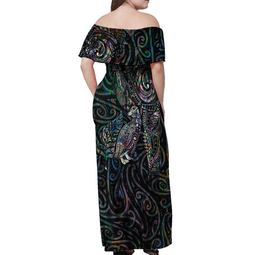 Aotearoa Moko Tribal Tattoo Off Shoulder Maxi Dress New Zealand Maori Penguin and Fantail Paua Shell Style