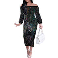 Aotearoa Moko Tribal Tattoo Off The Shoulder Long Sleeve Dress New Zealand Maori Penguin and Fantail Paua Shell Style