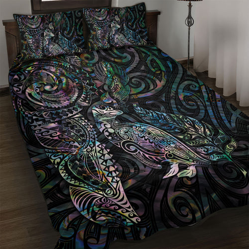 Aotearoa Moko Tribal Tattoo Quilt Bed Set New Zealand Maori Penguin and Fantail Paua Shell Style