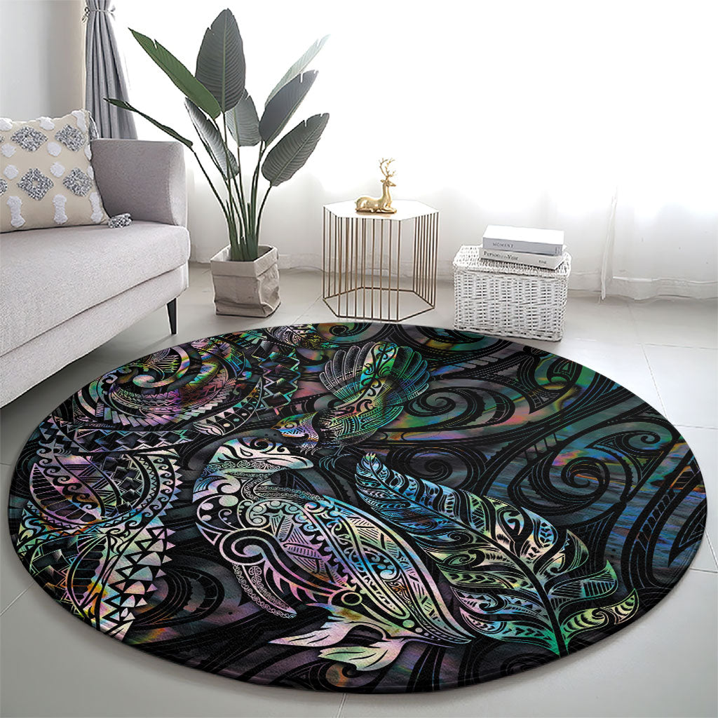 Aotearoa Moko Tribal Tattoo Round Carpet New Zealand Maori Penguin and Fantail Paua Shell Style