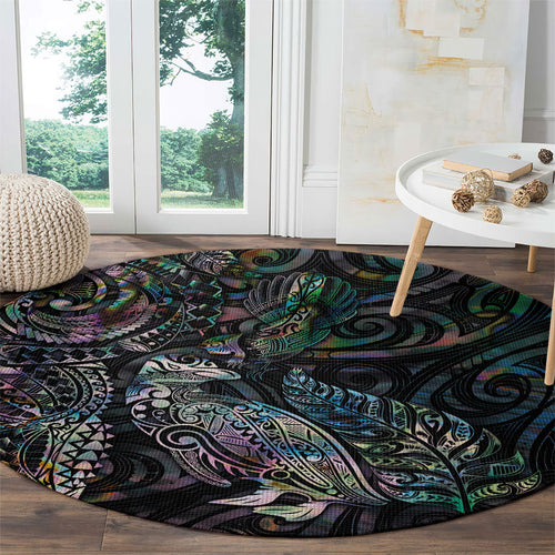 Aotearoa Moko Tribal Tattoo Round Carpet New Zealand Maori Penguin and Fantail Paua Shell Style