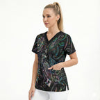 Aotearoa Moko Tribal Tattoo Scrub Top New Zealand Maori Penguin and Fantail Paua Shell Style