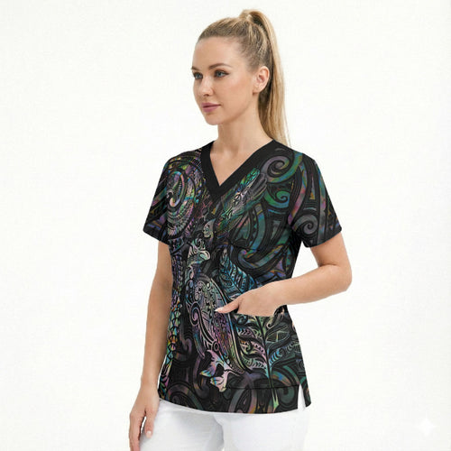 Aotearoa Moko Tribal Tattoo Scrub Top New Zealand Maori Penguin and Fantail Paua Shell Style