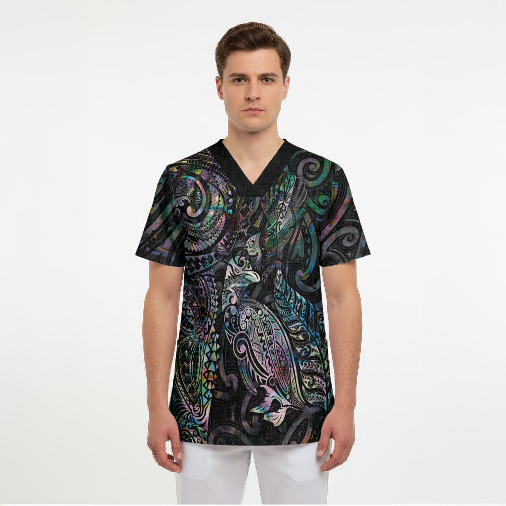 Aotearoa Moko Tribal Tattoo Scrub Top New Zealand Maori Penguin and Fantail Paua Shell Style