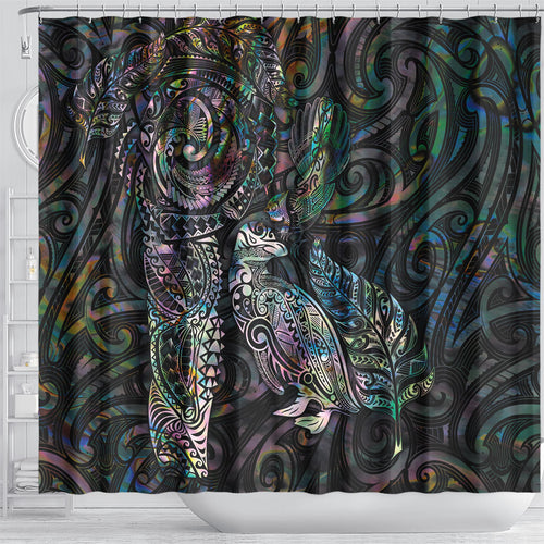 Aotearoa Moko Tribal Tattoo Shower Curtain New Zealand Maori Penguin and Fantail Paua Shell Style