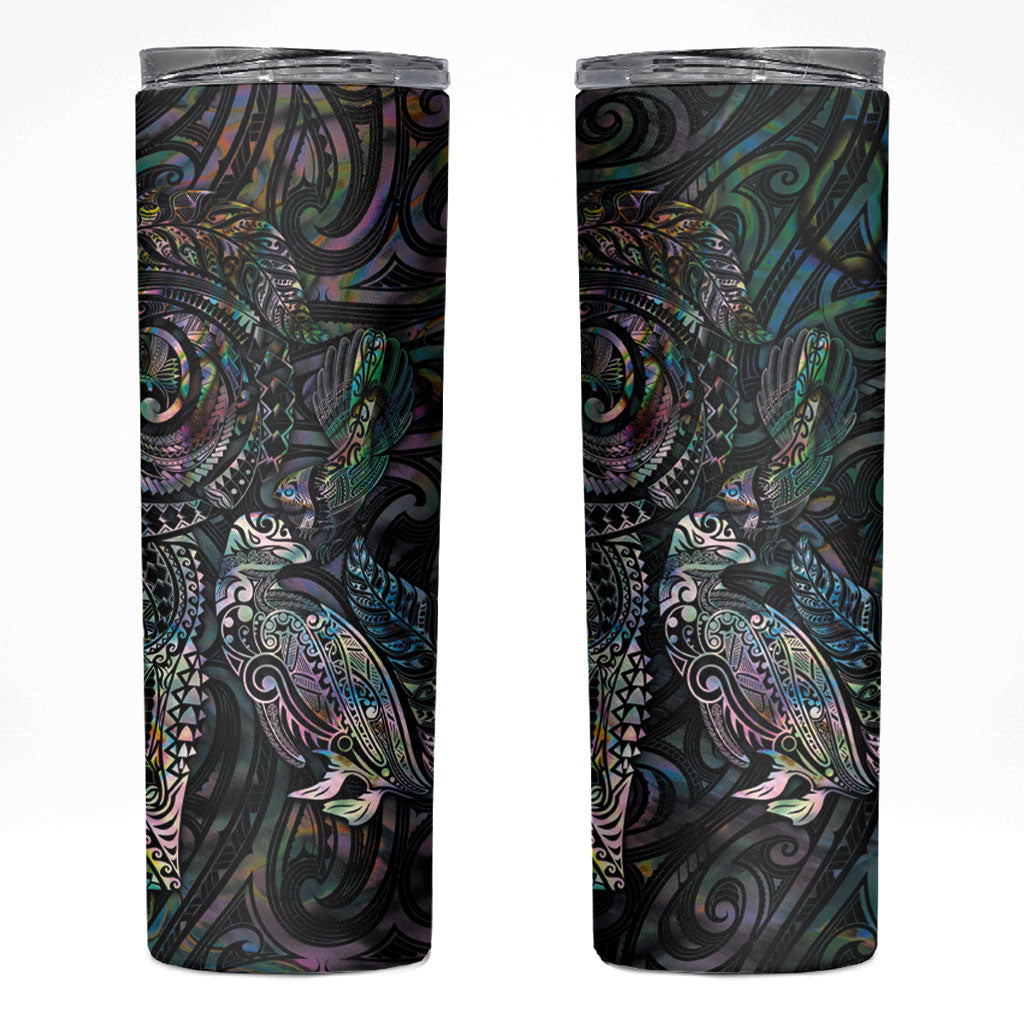 Aotearoa Moko Tribal Tattoo Skinny Tumbler New Zealand Maori Penguin and Fantail Paua Shell Style