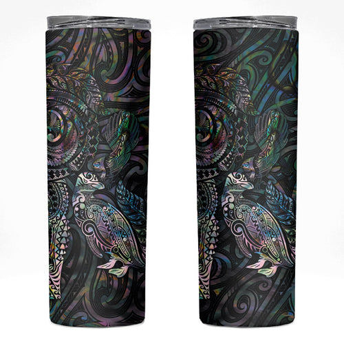 Aotearoa Moko Tribal Tattoo Skinny Tumbler New Zealand Maori Penguin and Fantail Paua Shell Style