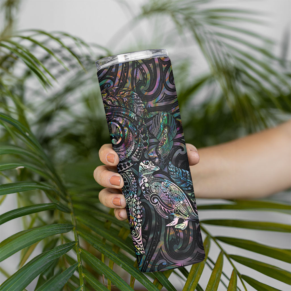 Aotearoa Moko Tribal Tattoo Skinny Tumbler New Zealand Maori Penguin and Fantail Paua Shell Style