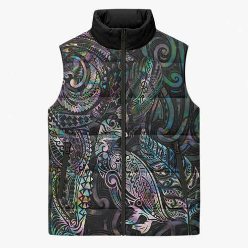 Aotearoa Moko Tribal Tattoo Sleeveless Puffer Jacket New Zealand Maori Penguin and Fantail Paua Shell Style