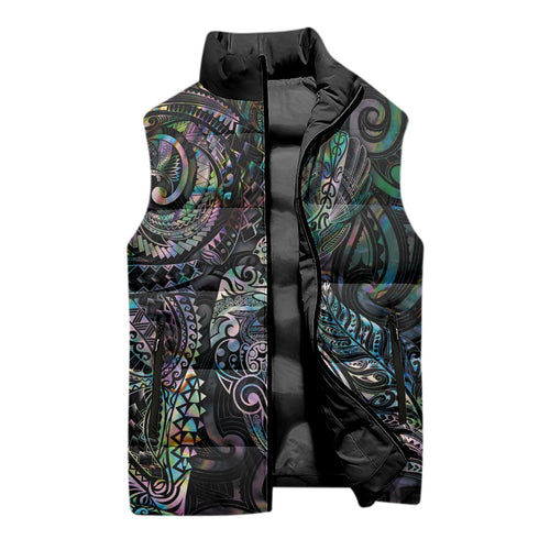 Aotearoa Moko Tribal Tattoo Sleeveless Puffer Jacket New Zealand Maori Penguin and Fantail Paua Shell Style