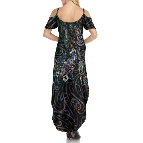 Aotearoa Moko Tribal Tattoo Summer Maxi Dress New Zealand Maori Penguin and Fantail Paua Shell Style
