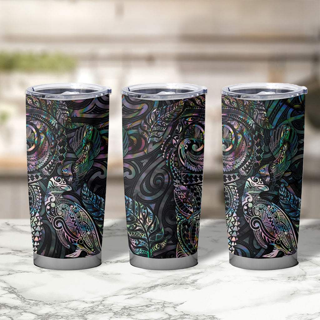 Aotearoa Moko Tribal Tattoo Tumbler Cup New Zealand Maori Penguin and Fantail Paua Shell Style