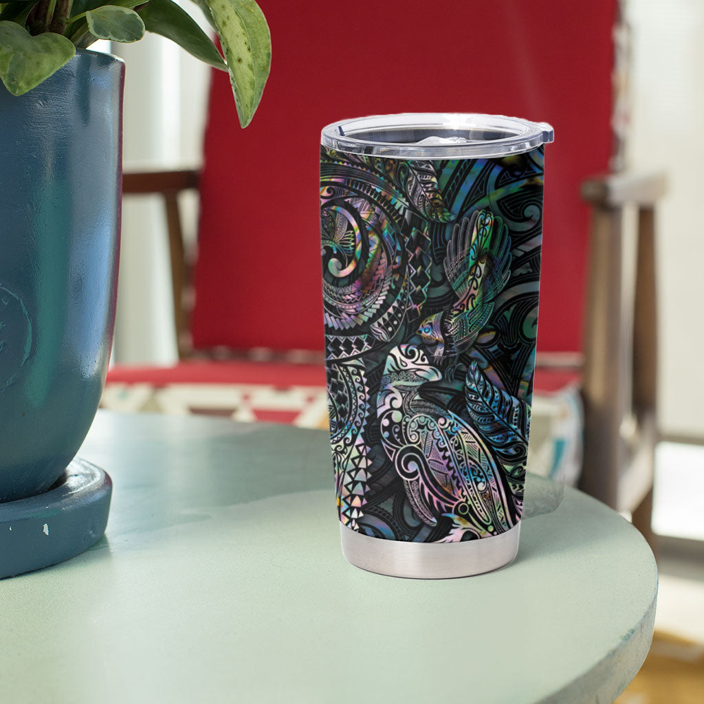 Aotearoa Moko Tribal Tattoo Tumbler Cup New Zealand Maori Penguin and Fantail Paua Shell Style